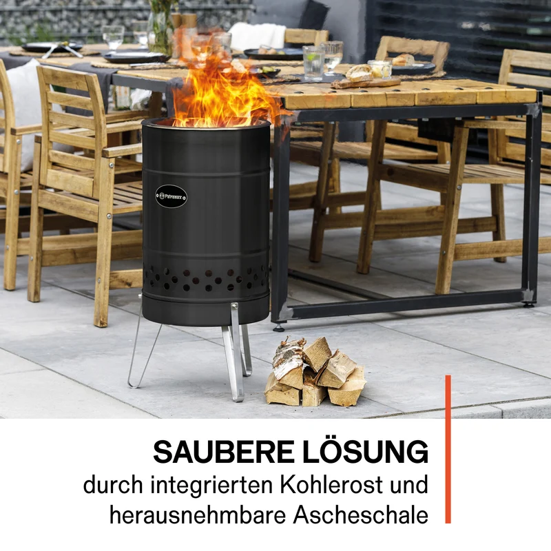 Feuertonne Pyron Black Edition + Grillplatte + Abdeckhaube