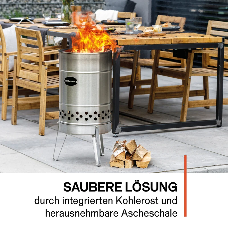 Feuertonne Pyron Edelstahl + Grillplatte + Abdeckhaube