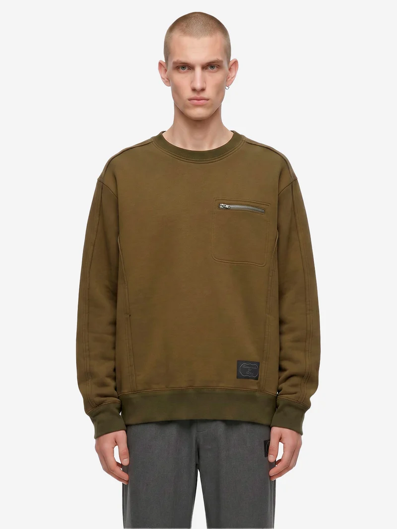 Felpa girocollo raw-cut khaki con tasca con zip