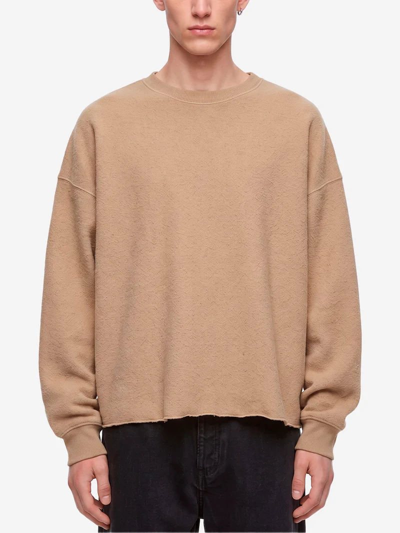 Felpa girocollo beige con finiture a taglio vivo