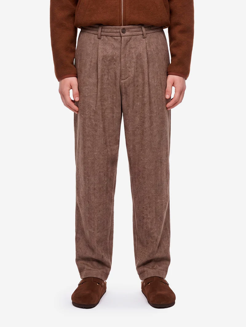 Pantaloni Wool Herringbone Pleated marroni