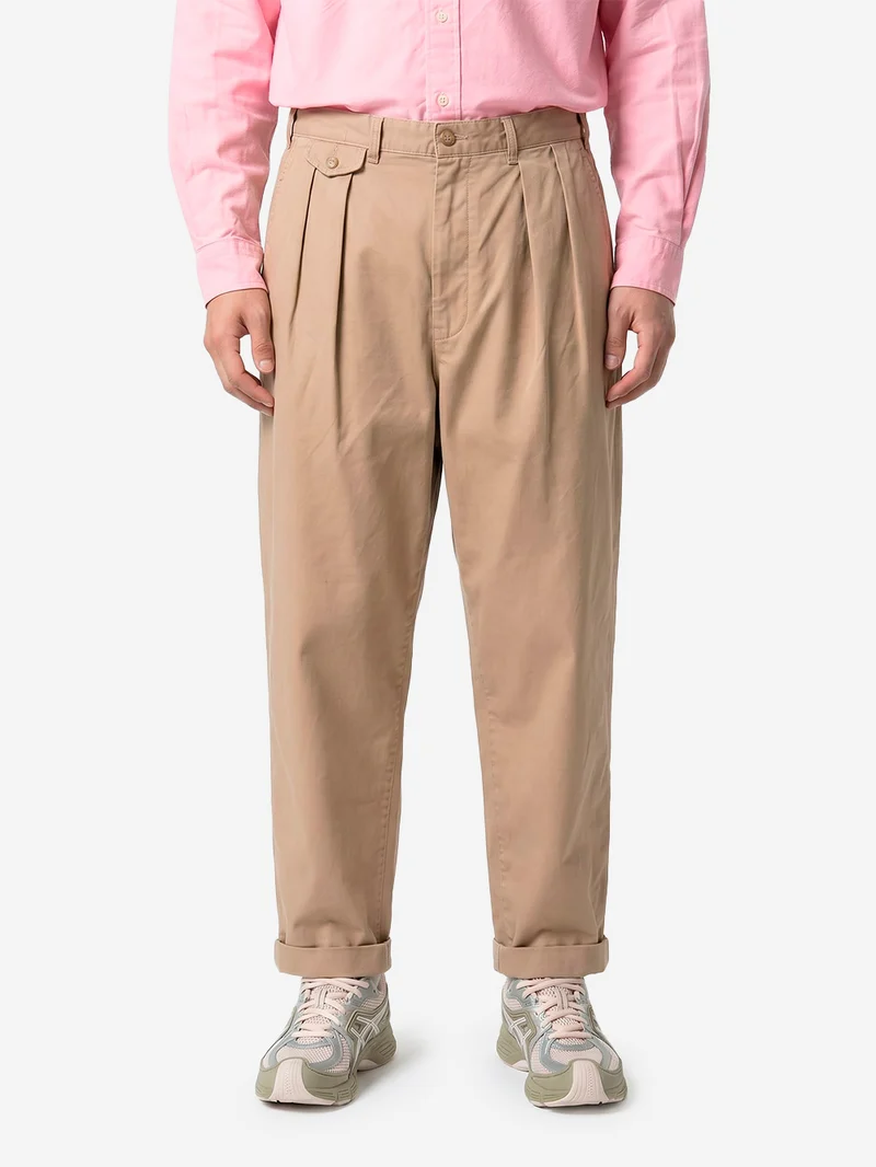 Pantaloni tapered beige khaki 2 pleats in twill