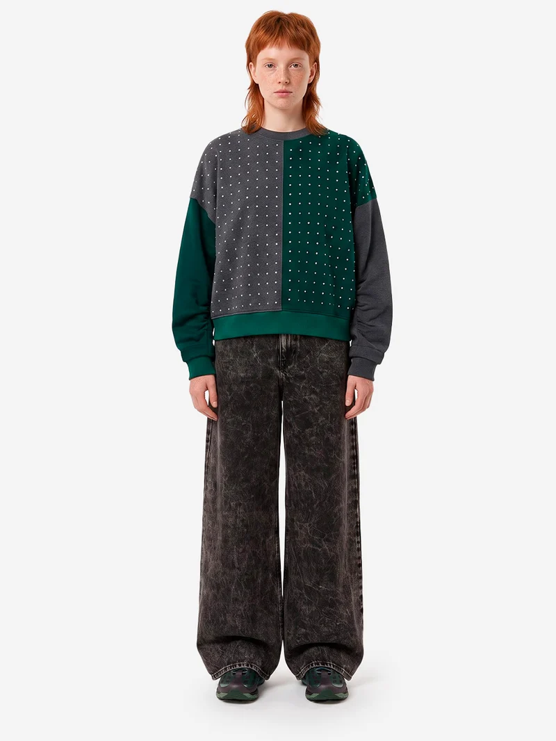Felpa color-block grigia e verde con strass