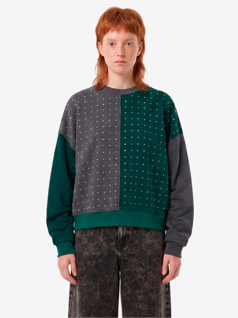 Felpa color-block grigia e verde con strass