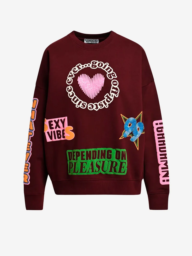 Felpa burgundy con grafiche e decorazioni