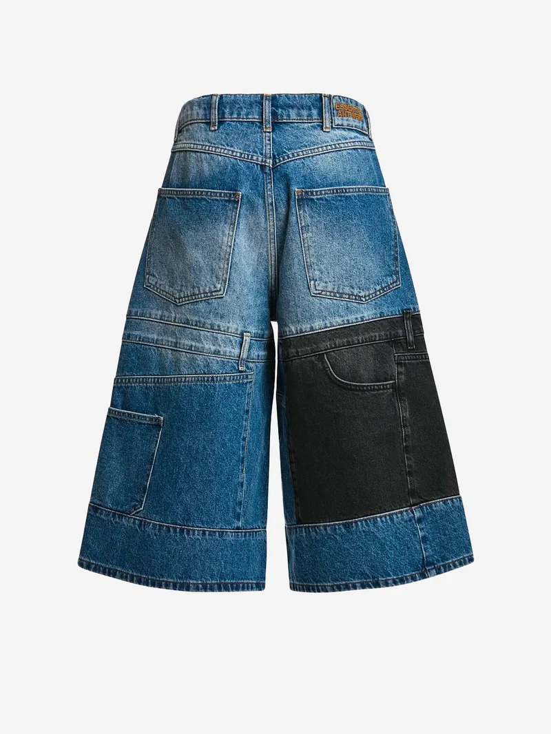 Bermuda denim con patchwork a doppio pannello blu e nero