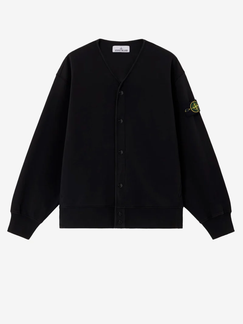 Felpa cardigan in pile di cotone con badge e scollo a V