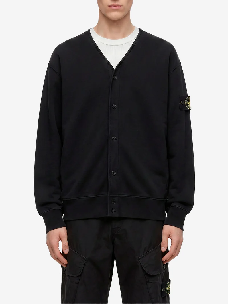 Felpa cardigan in pile di cotone con badge e scollo a V