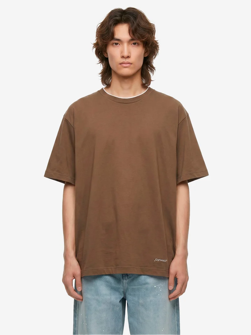 T-shirt marrone in cotone Luster con colletto a costine e finiture cut-off