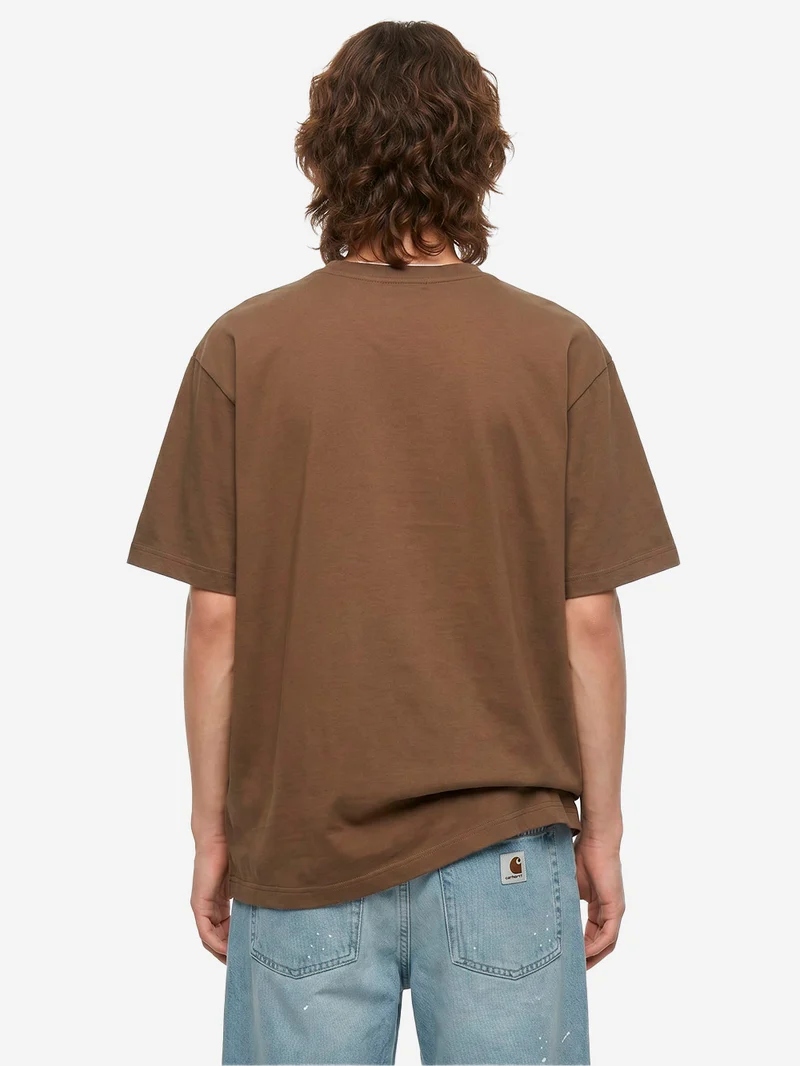 T-shirt marrone in cotone Luster con colletto a costine e finiture cut-off