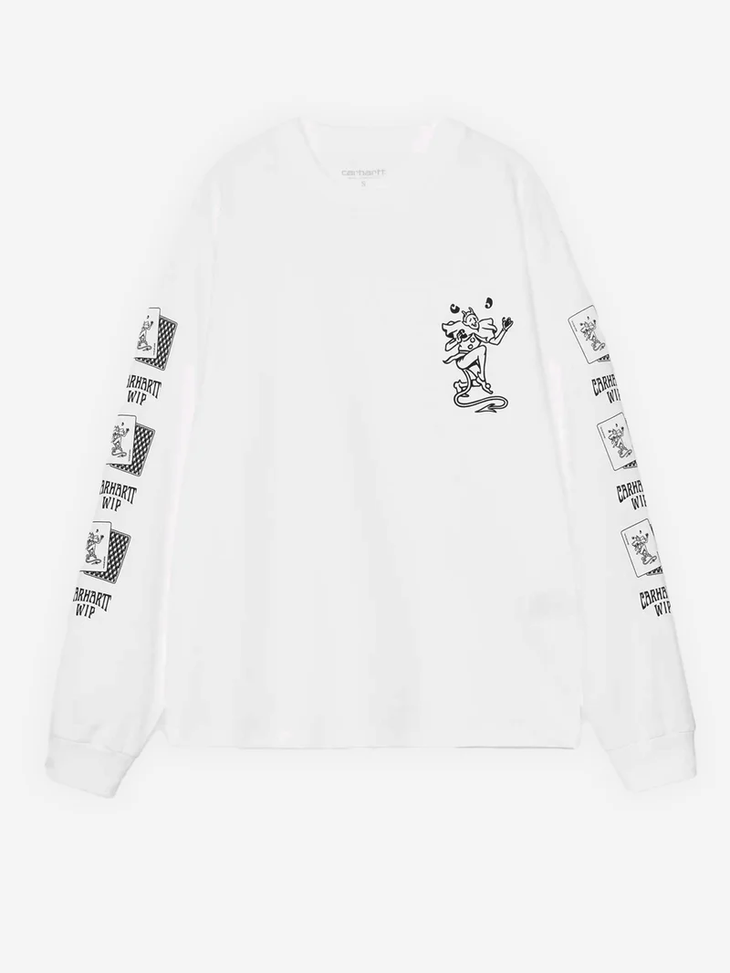 W T-shirt bianca a manica lunga con grafica 'Playing Cards'