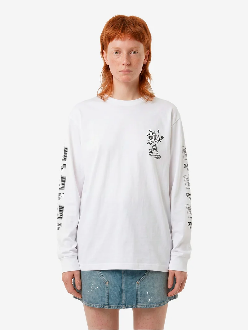 W T-shirt bianca a manica lunga con grafica 'Playing Cards'