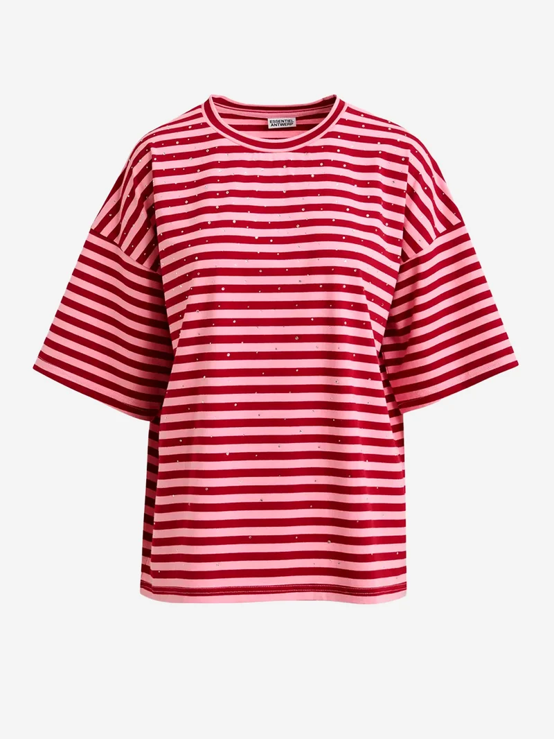 T-shirt oversize in cotone a righe borgogna e rosa impreziosita da strass