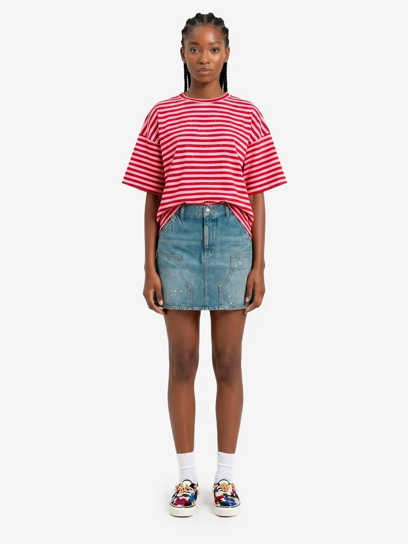 T-shirt oversize in cotone a righe borgogna e rosa impreziosita da strass