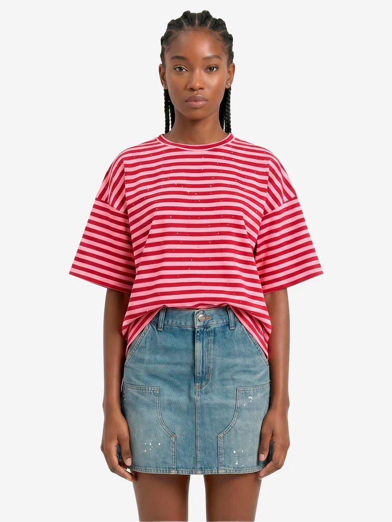 T-shirt oversize in cotone a righe borgogna e rosa impreziosita da strass