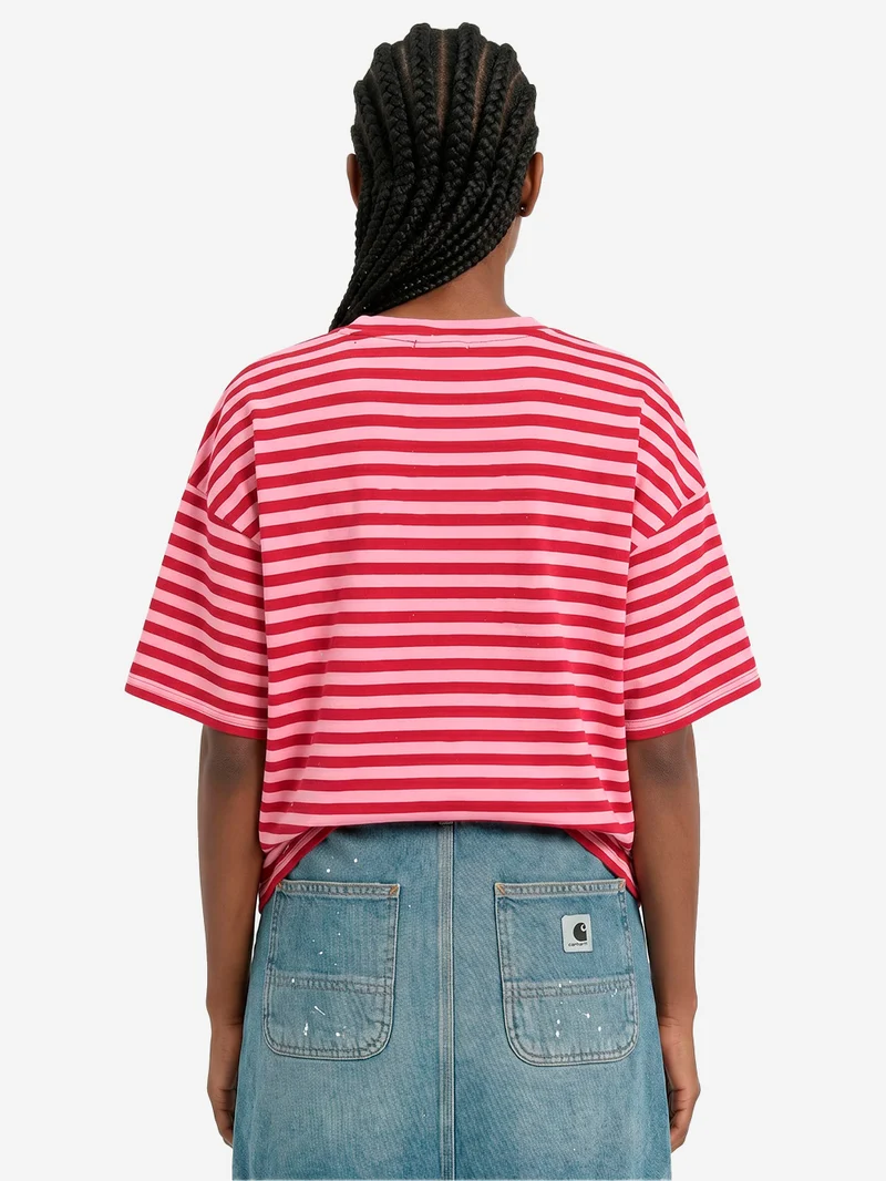 T-shirt oversize in cotone a righe borgogna e rosa impreziosita da strass