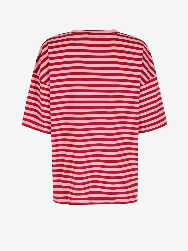 T-shirt oversize in cotone a righe borgogna e rosa impreziosita da strass
