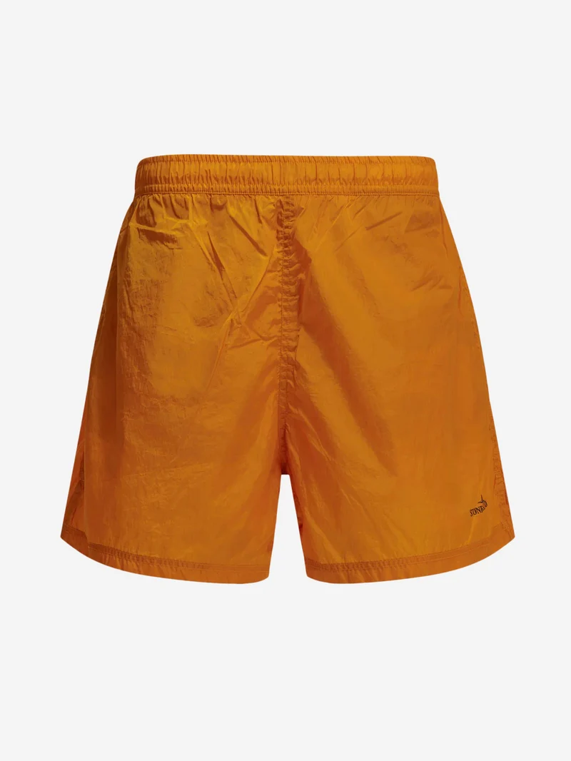 Pantaloncini da bagno arancioni in nylon effetto camouflage sbiadito idroreattivo