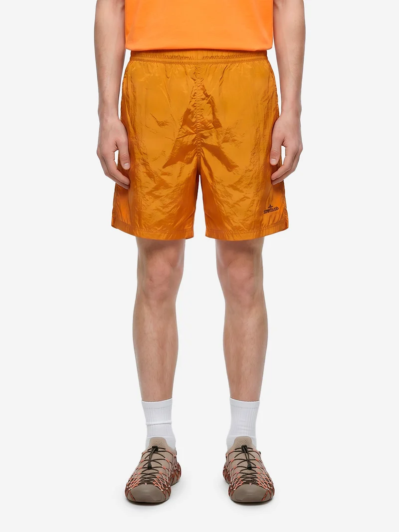 Pantaloncini da bagno arancioni in nylon effetto camouflage sbiadito idroreattivo