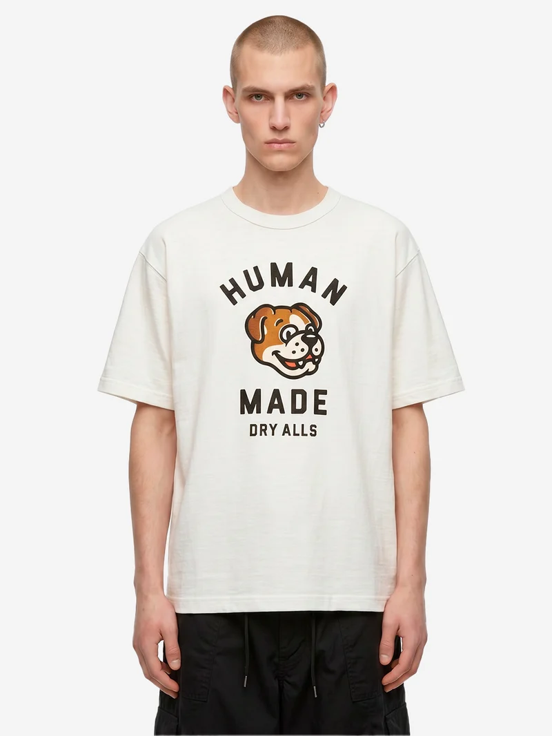 T-shirt in cotone bianco con grafica dog e colletto rinforzato