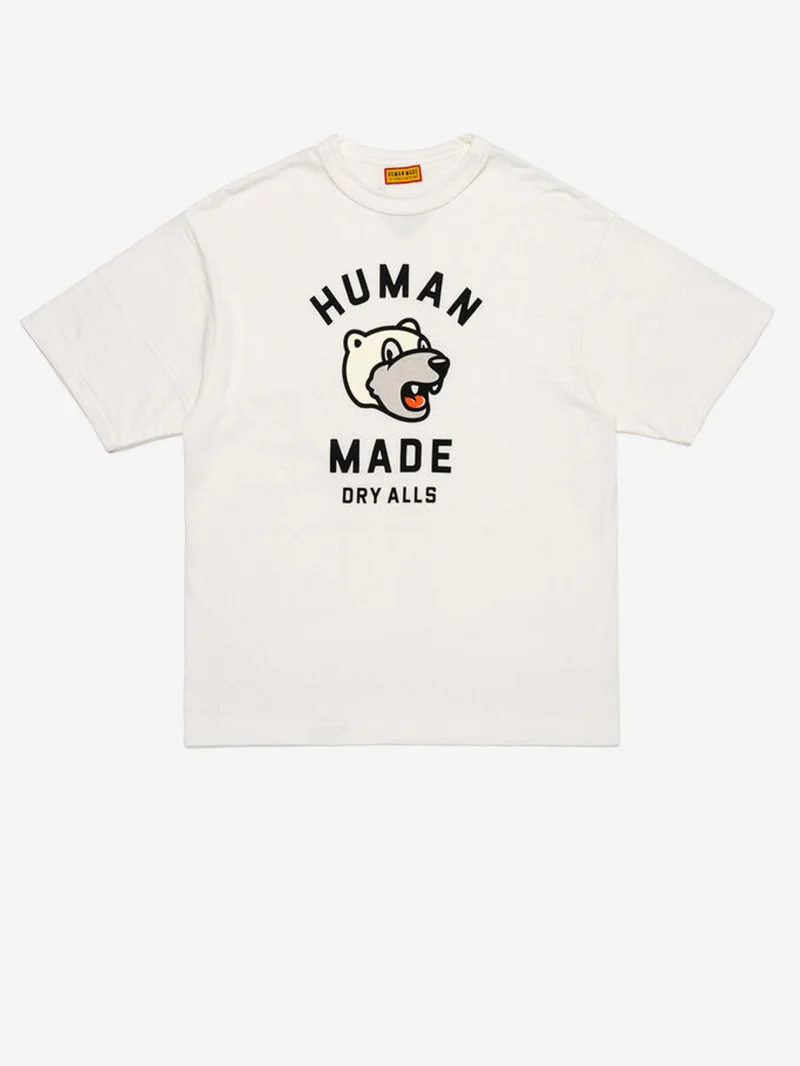 T-shirt in cotone bianco con grafica bear e colletto rinforzato