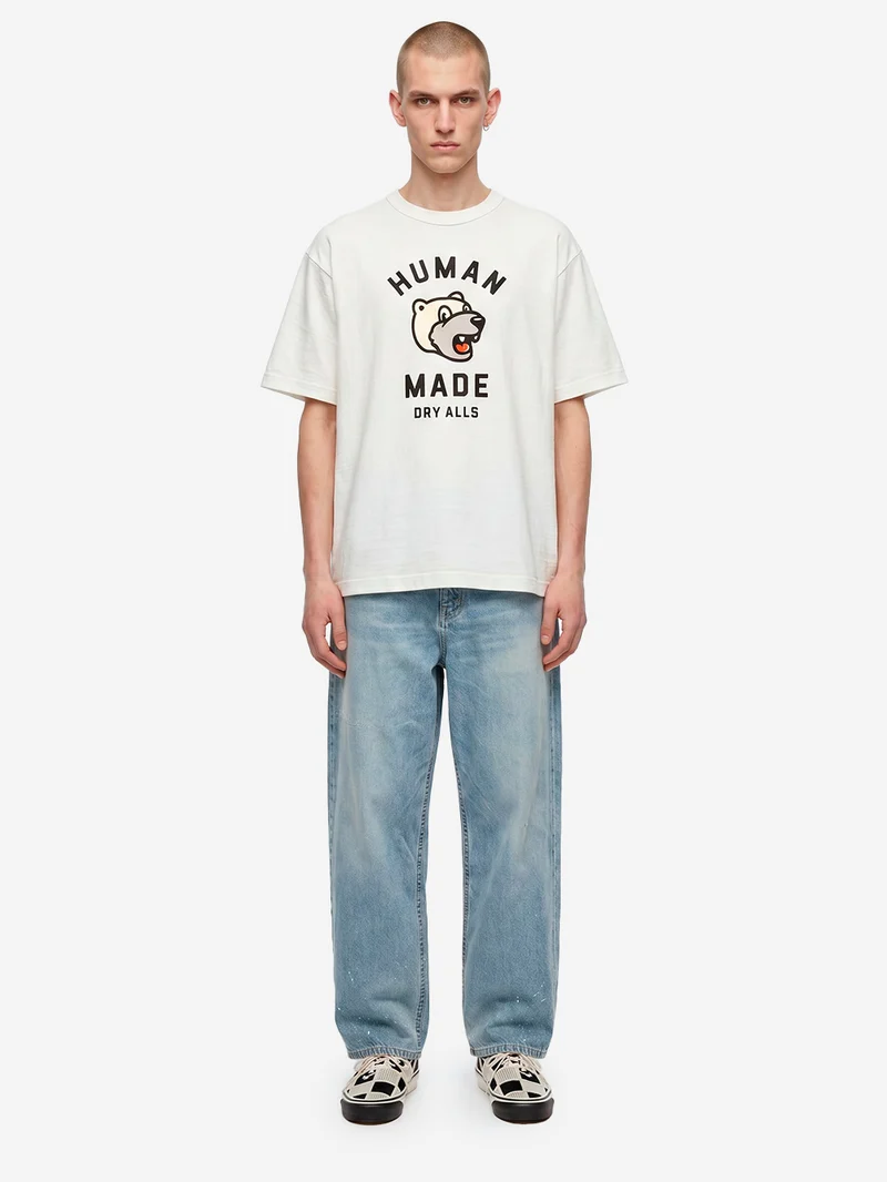T-shirt in cotone bianco con grafica bear e colletto rinforzato