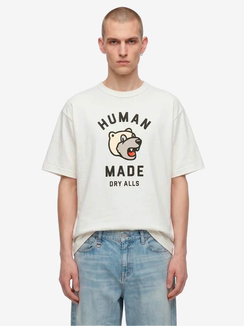 T-shirt in cotone bianco con grafica bear e colletto rinforzato
