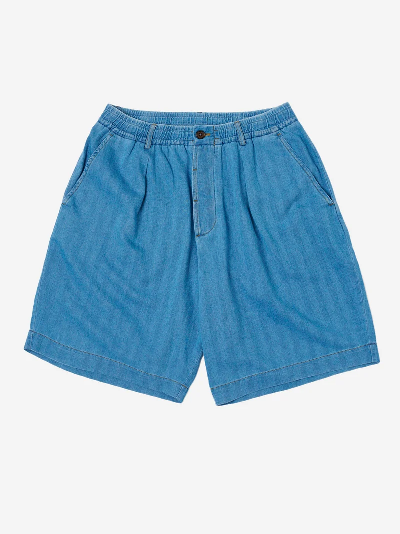 Shorts track pleated in cotone Herringbone indigo