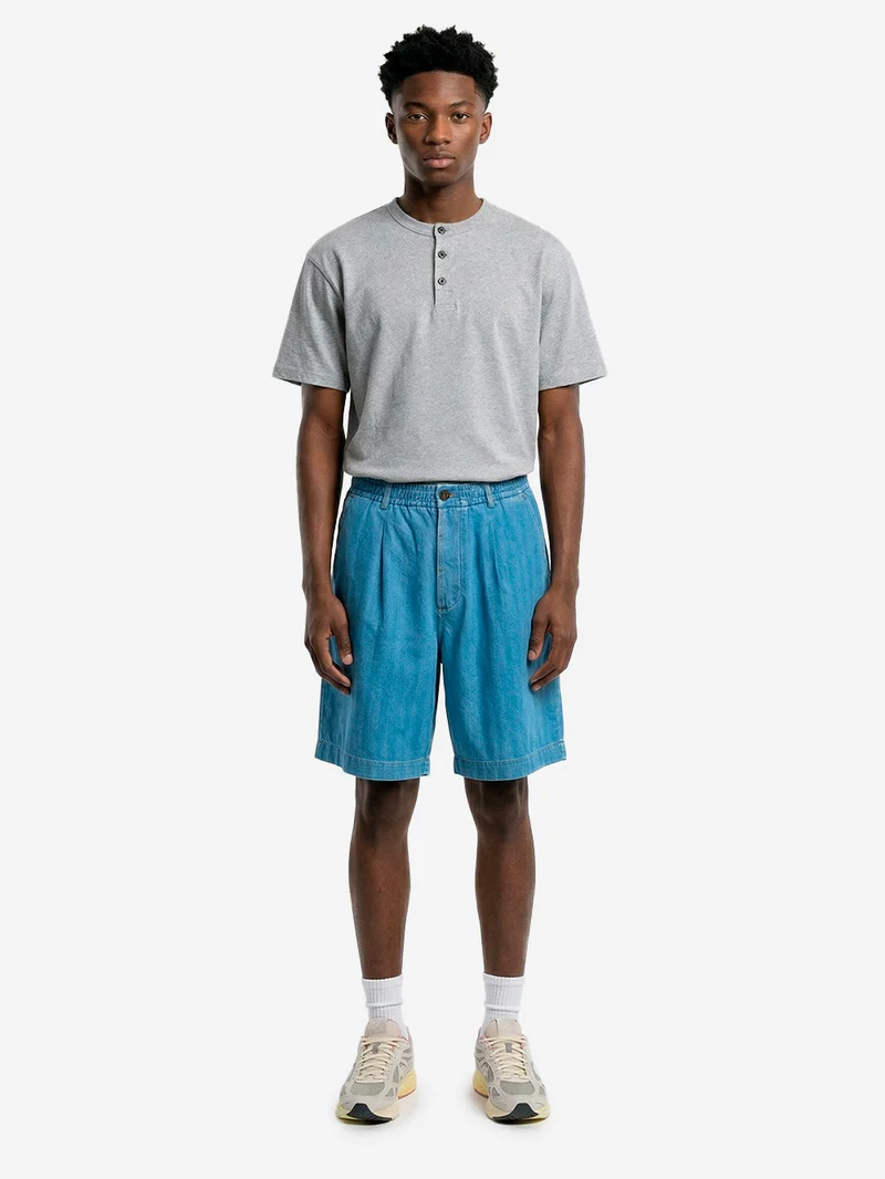 Shorts track pleated in cotone Herringbone indigo