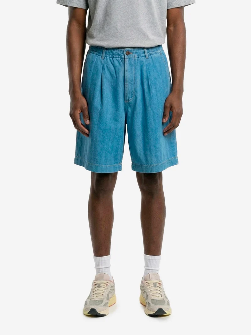 Shorts track pleated in cotone Herringbone indigo