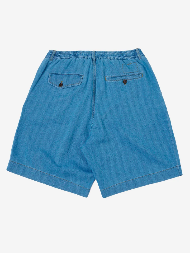 Shorts track pleated in cotone Herringbone indigo