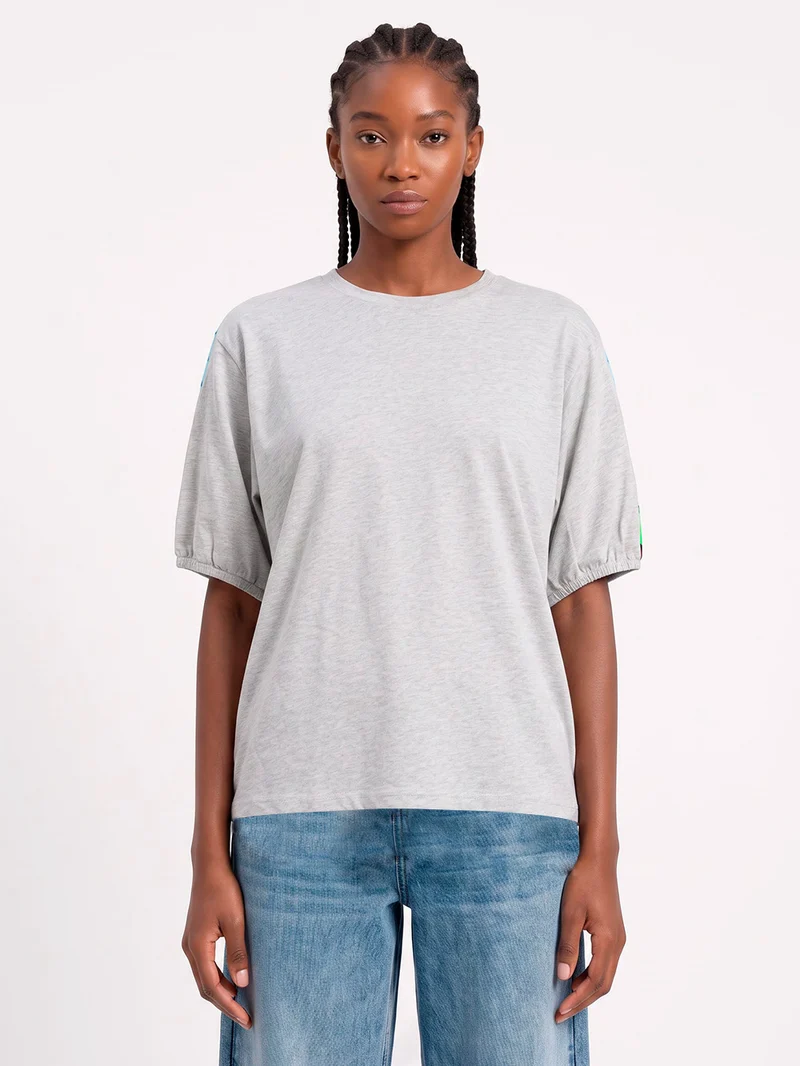 T-Shirt grigio chiaro in jersey di cotone con retro in seta