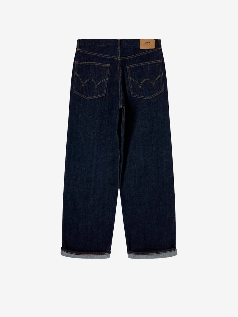 Pantaloni blu wide in denim cimosato