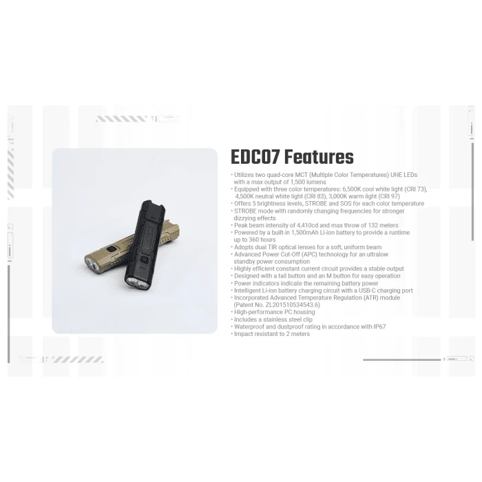 Nitecore | EDC07 | Oplaadbare Zaklamp | 1.500 Lumen