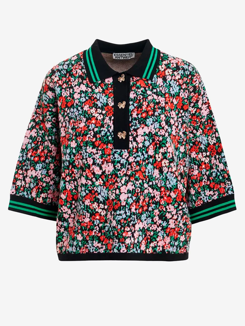 Polo in maglia con stampa floreale e bottoni a fiocco