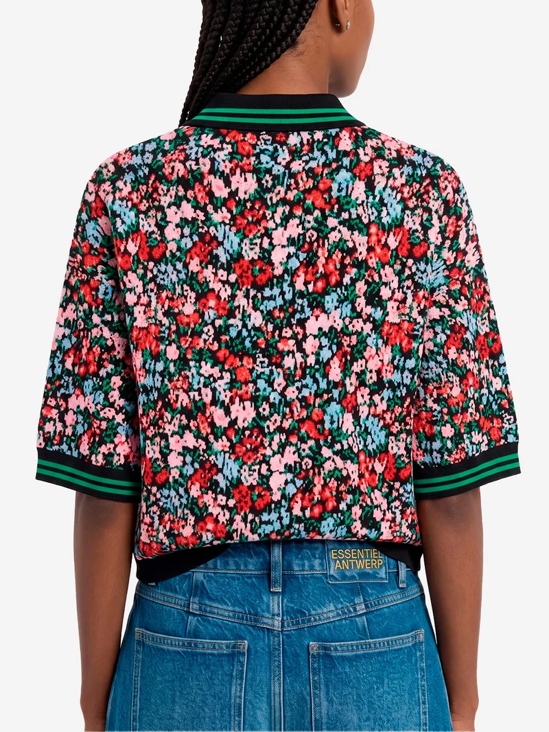 Polo in maglia con stampa floreale e bottoni a fiocco