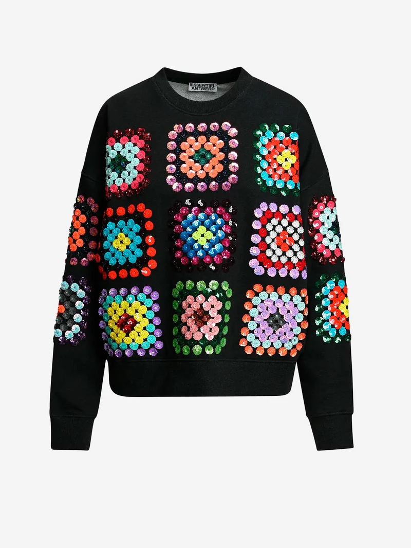 Felpa nera e multicolore con decorazioni a fiori geometriche