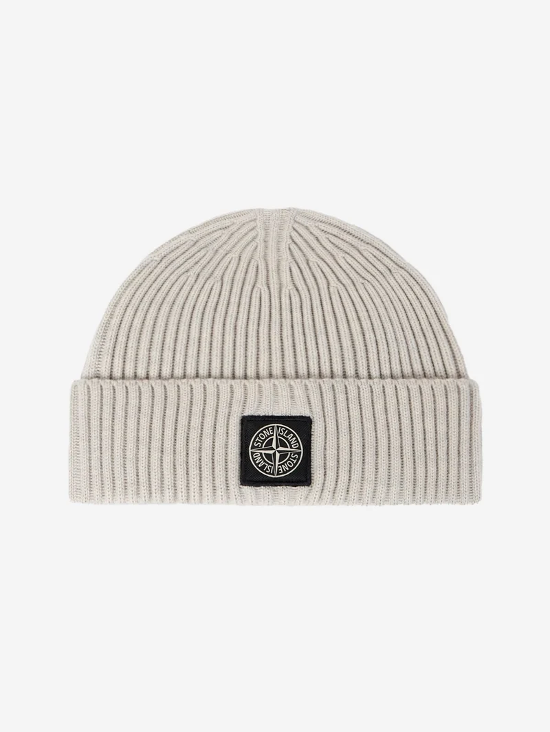 Beanie grigio in lana Geelong a costine con badge