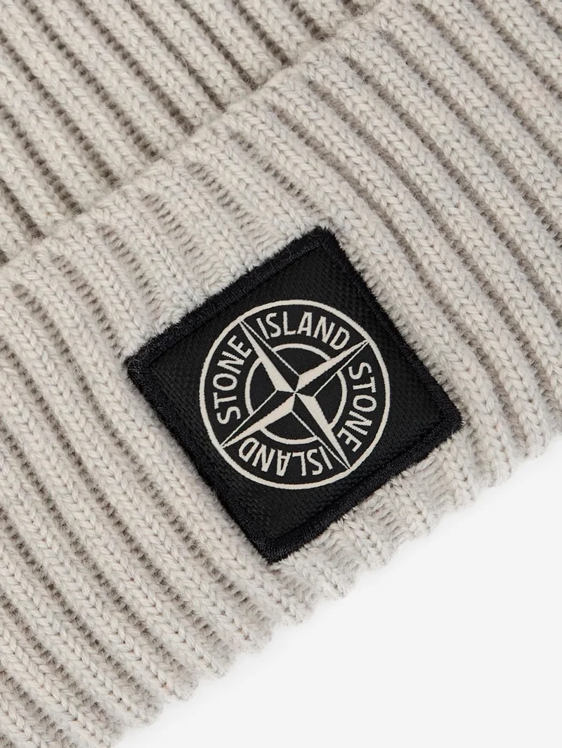 Beanie grigio in lana Geelong a costine con badge