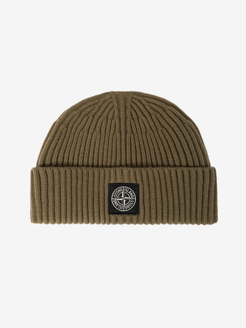 Beanie verde in lana Geelong a costine con badge