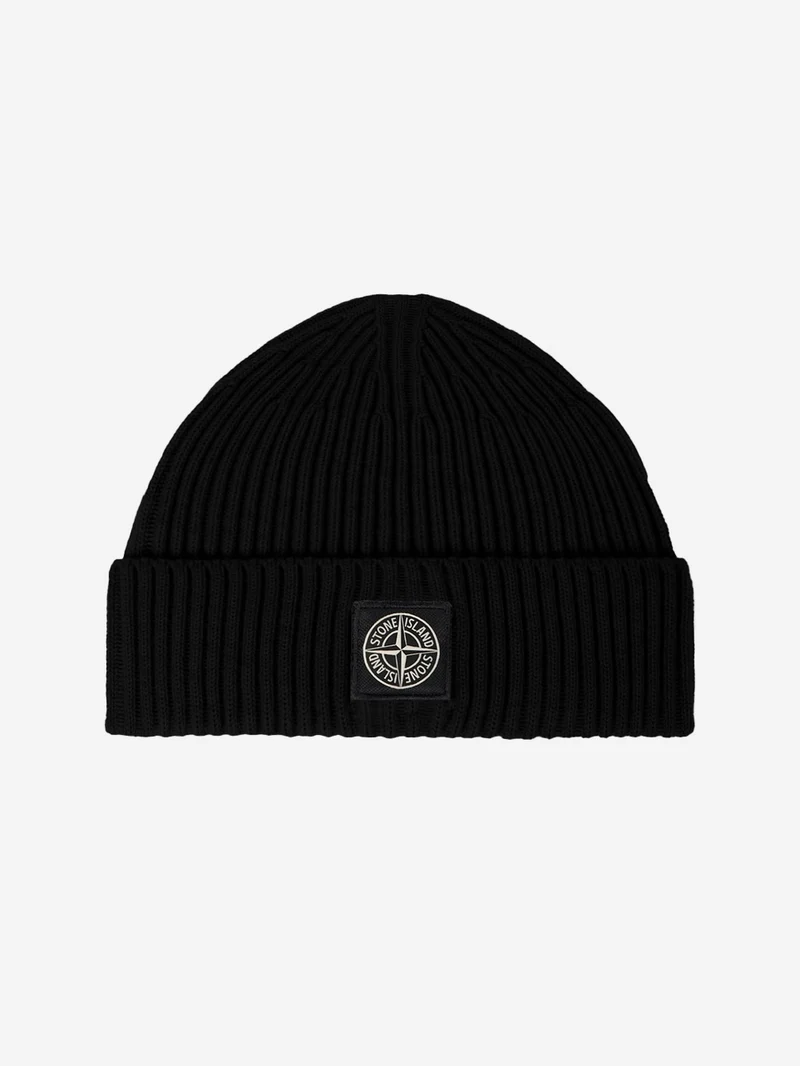 Beanie nero in lana Geelong a costine con badge