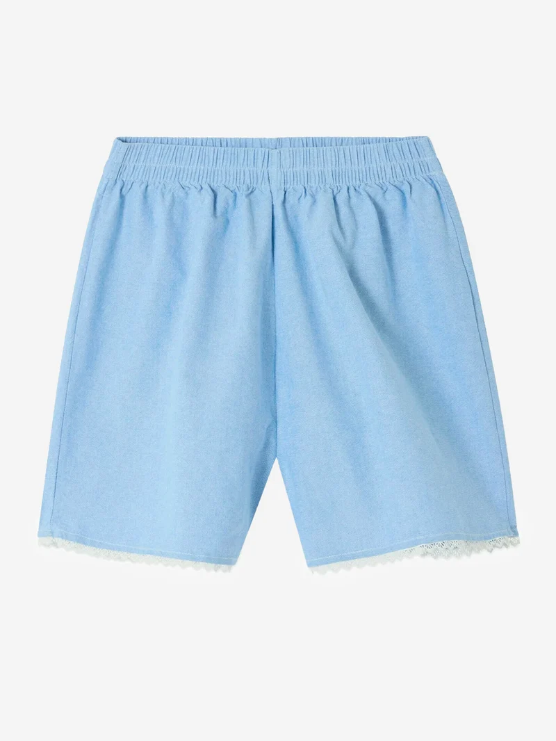 Shorts in cotone azzurri con vita elasticizzata e dettagli in pizzo