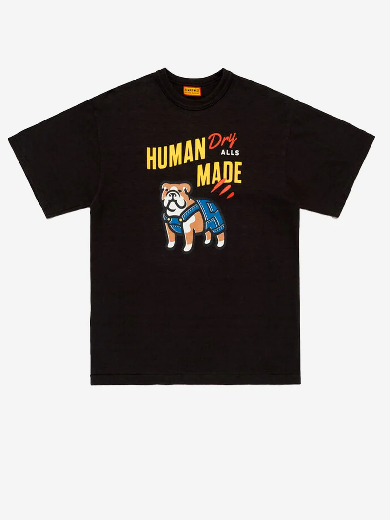 T-shirt nera in cotone fiammato con grafica Bulldog