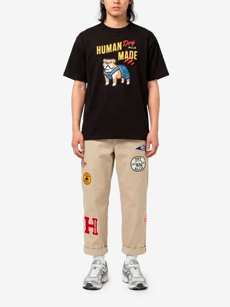 T-shirt nera in cotone fiammato con grafica Bulldog