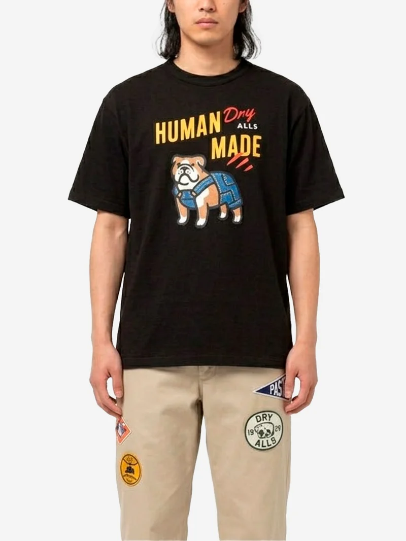 T-shirt nera in cotone fiammato con grafica Bulldog