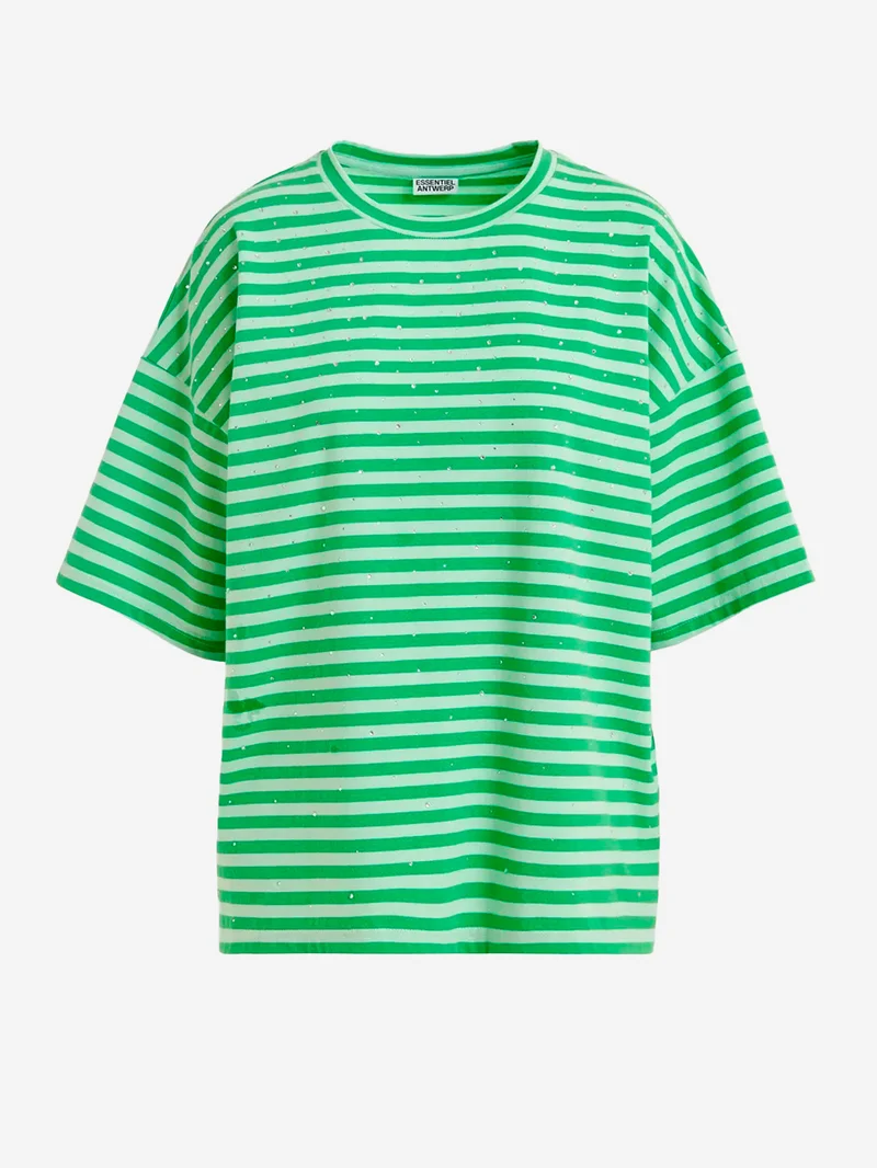 T-shirt oversize in cotone a righe verdi impreziosita da strass