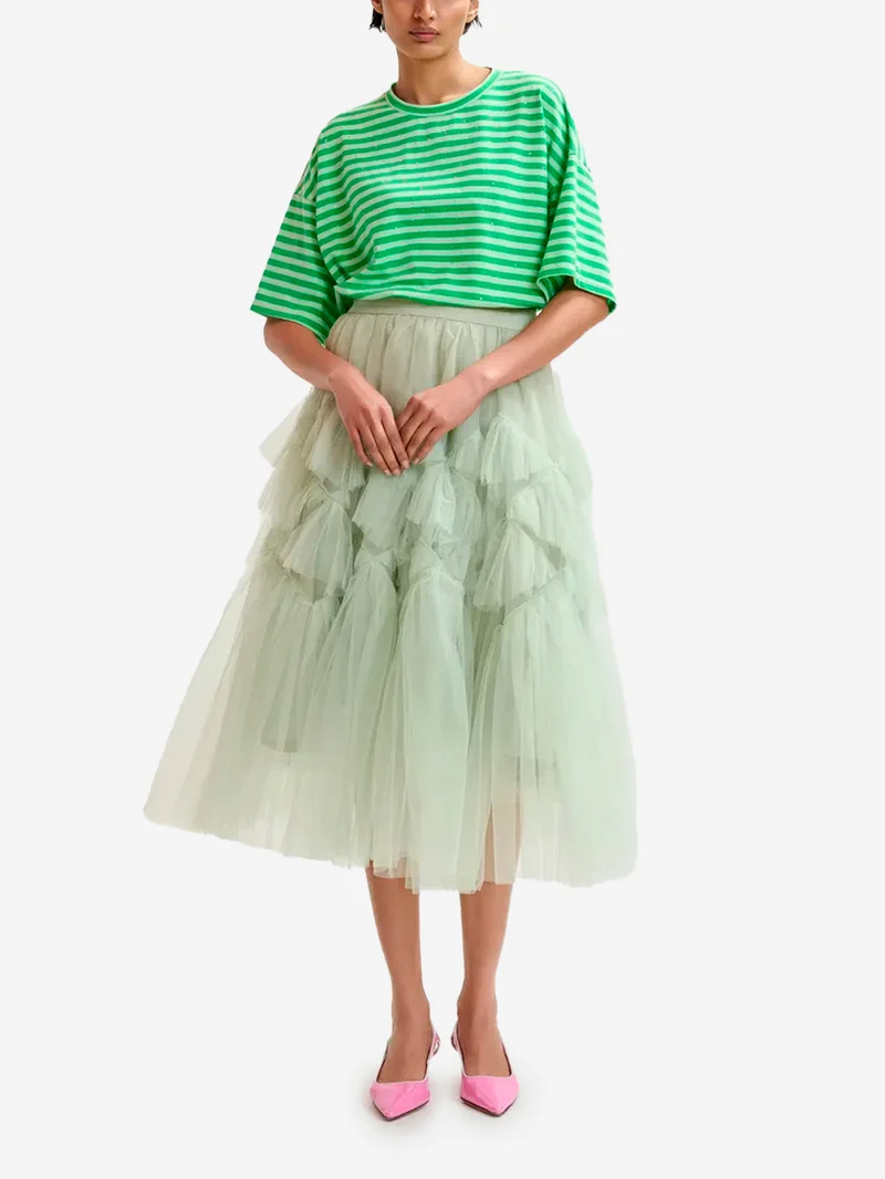 T-shirt oversize in cotone a righe verdi impreziosita da strass