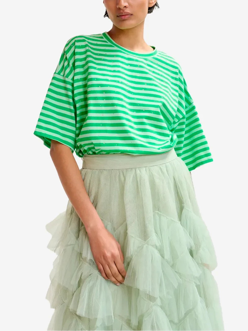 T-shirt oversize in cotone a righe verdi impreziosita da strass