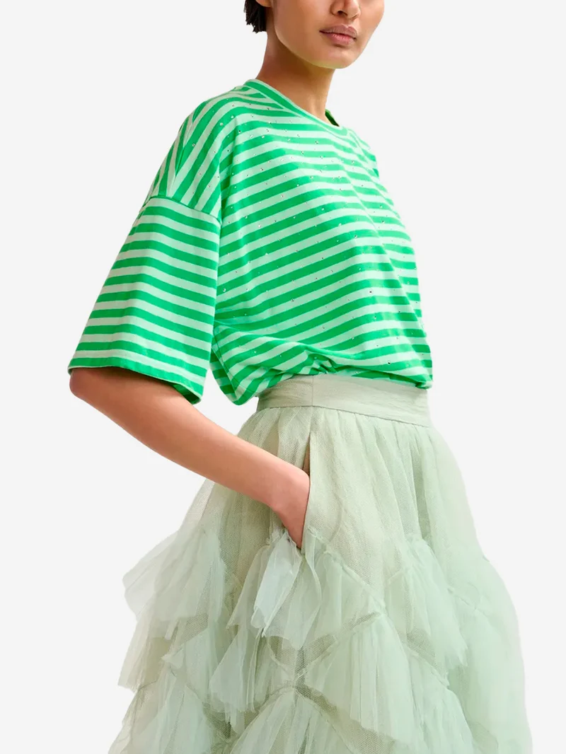 T-shirt oversize in cotone a righe verdi impreziosita da strass