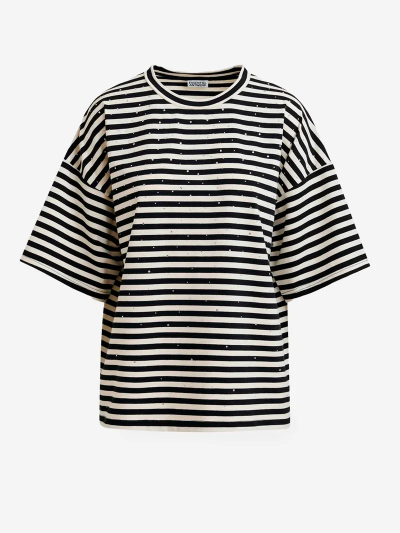 T-shirt oversize in cotone a righe bianche e nere impreziosita da strass